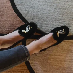 Issimo X Allagiulia Artisanal Black Velvet Loafers With Embroidery