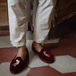 Issimo X Allagiulia Artisanal Burgundy Velvet Embroidery Loafers