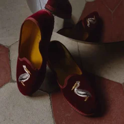Issimo X Allagiulia Artisanal Burgundy Velvet Embroidery Loafers