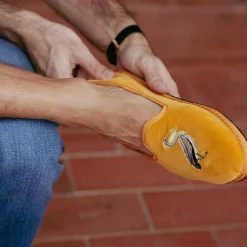 Issimo X Allagiulia Mustard Velvet Loafers With Pellican Embroidery