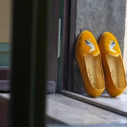Issimo X Allagiulia Mustard Velvet Loafers With Pellican Embroidery