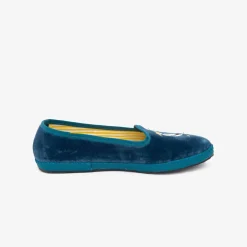 Issimo X Allagiulia Petrolium Blue Velvet Loafers With Pellican Embroidery