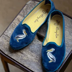 Issimo X Allagiulia Petrolium Blue Velvet Loafers With Pellican Embroidery