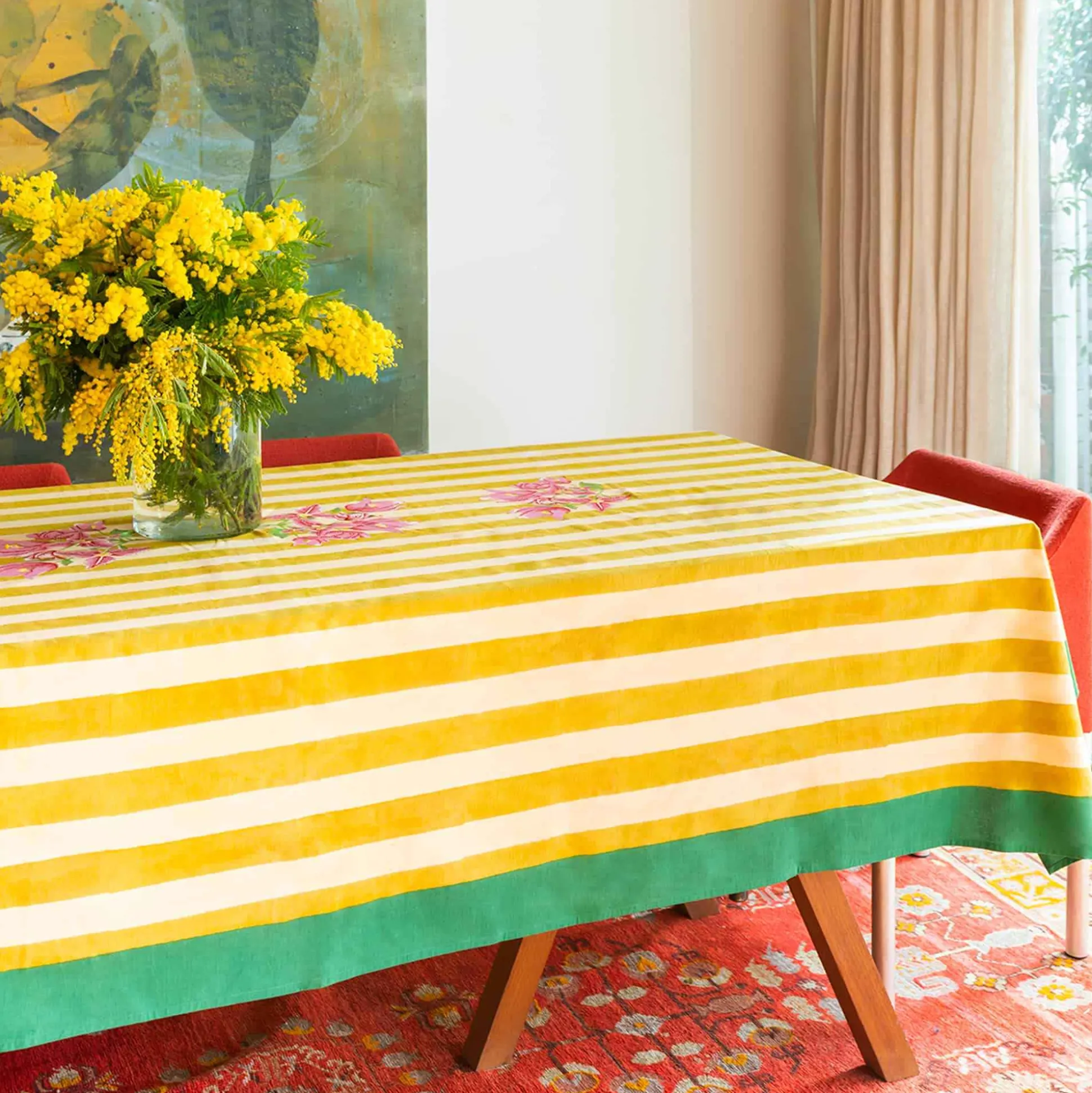 Issimo X Lisa Corti Bougainvillea Mustard Stripes Tablecloth