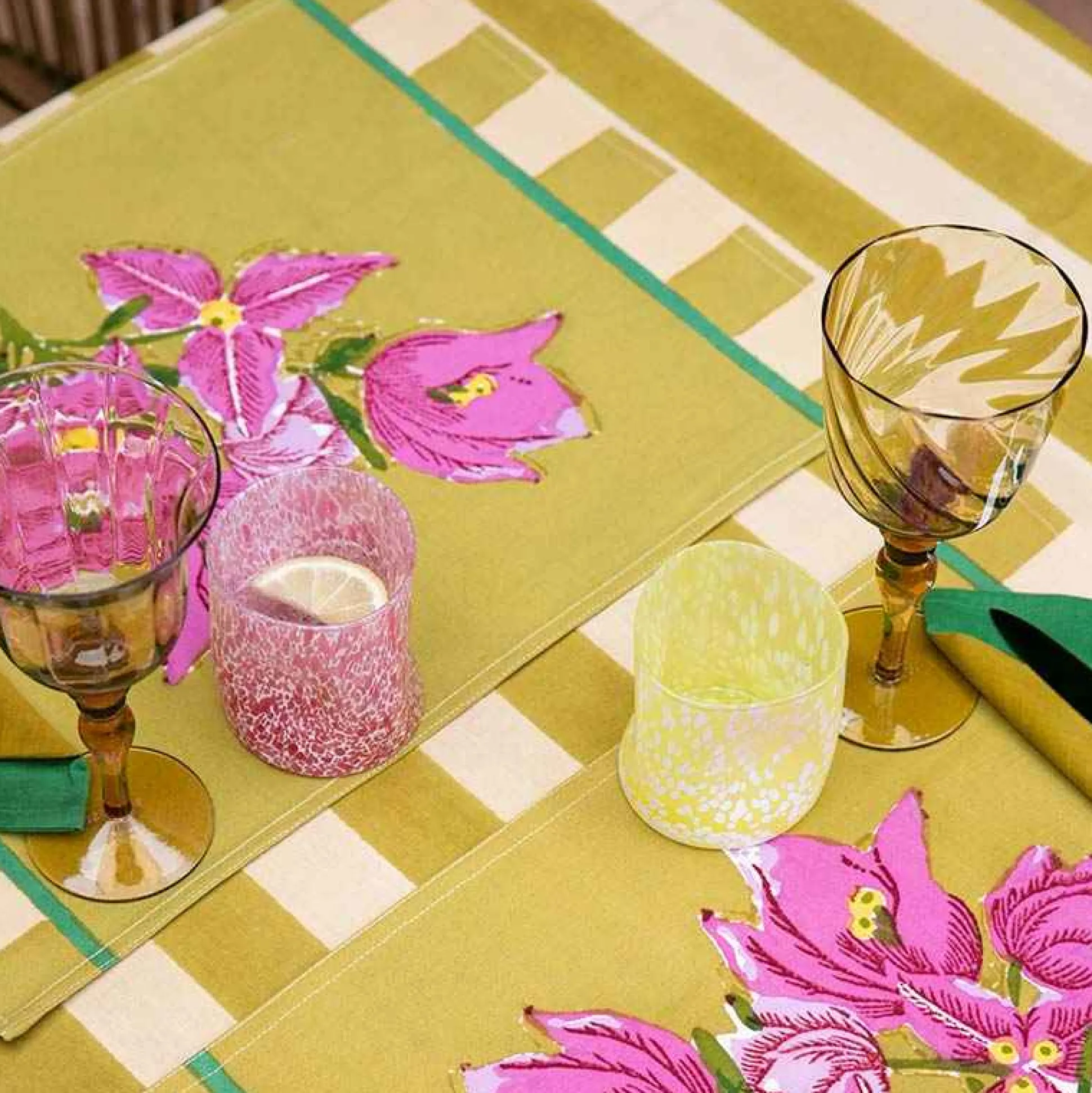 Issimo X Lisa Corti Bougainvillea Mustard Stripes Square Tablecloth